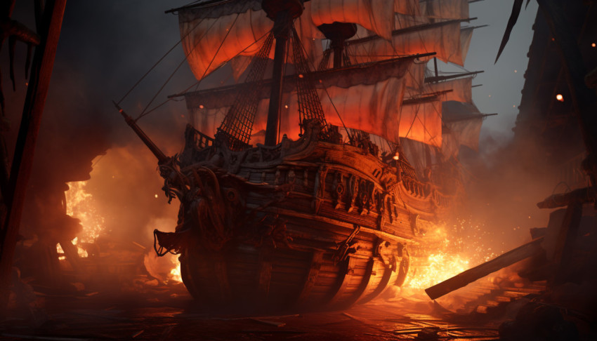 a pirate ship full of smoke and fire