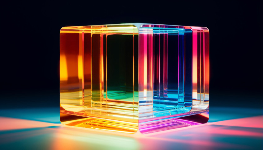 an abstract glass rainbow cube with transparent glass in it