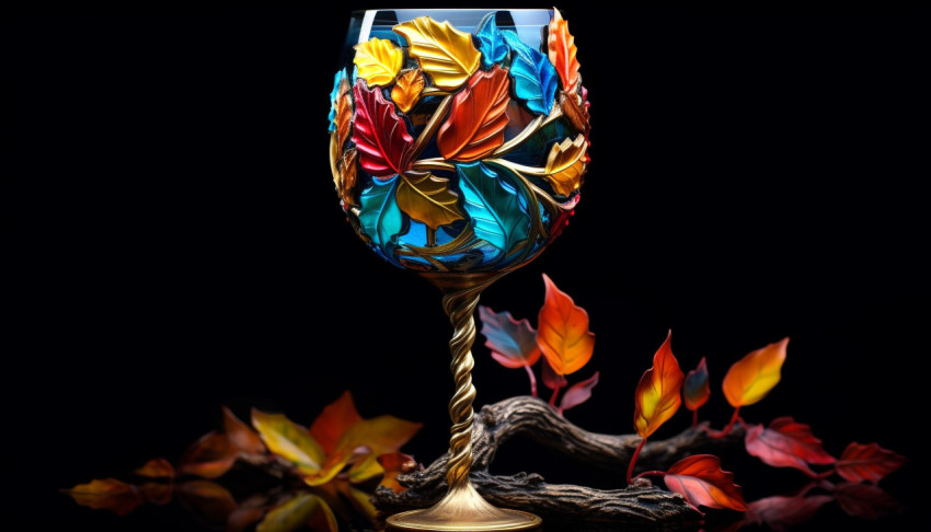 a colorful wine glass with a gold and leaves