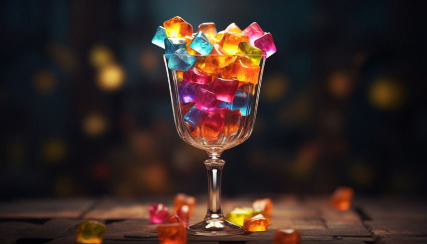 a cocktail glass filled with colorful ice cubes