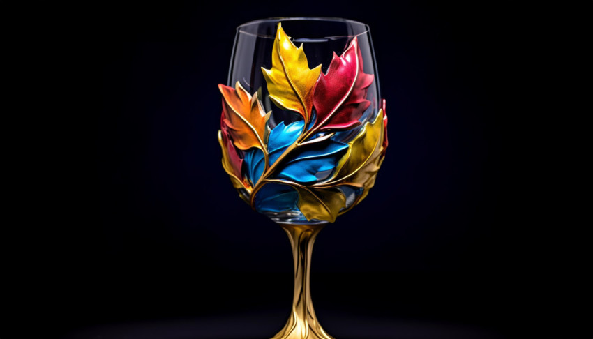 Colorful Wine Glass with Gold and Leaves