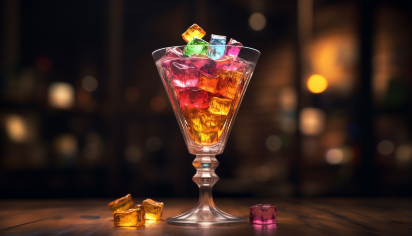 Cocktail Glass with Colorful Ice Cubes