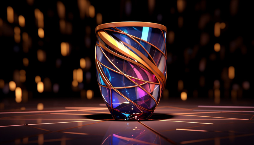 a drink cup is sitting on a glass surface with lights showing