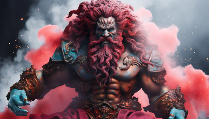 a realistic 3d model of a god statue with colorful smoke