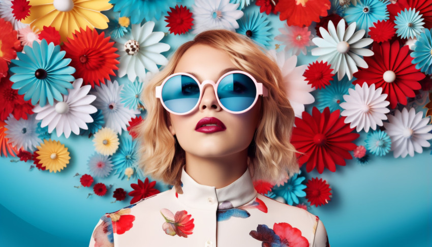 woman wearing colorful sunglasses in front of floral pattern