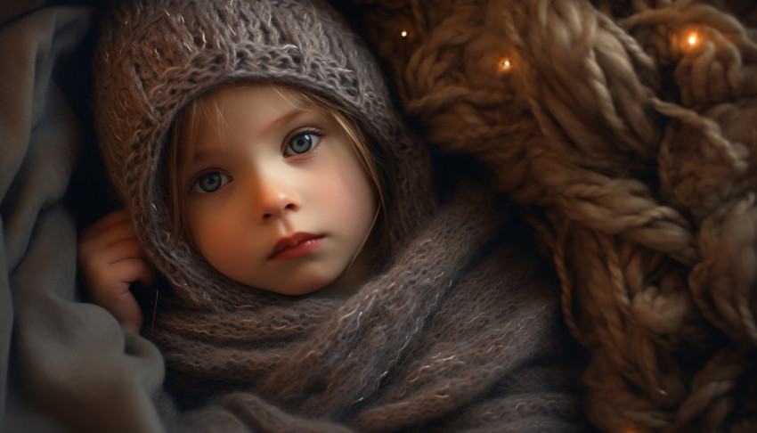 a baby is laying in blanket with a hat and knitted scarf