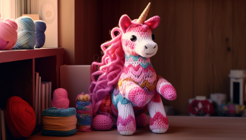 a unicorn toy is shown sitting beside a bookshelf