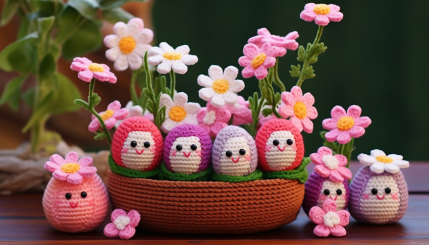 crocheted easter flowers in a pink pot