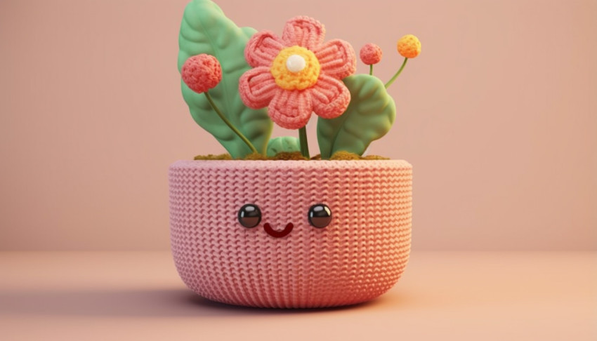 with a crochet flower in a pink pot