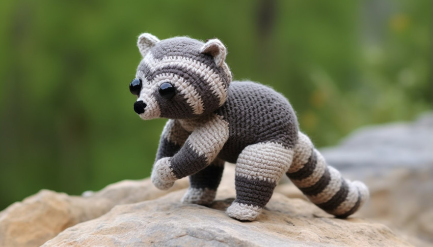 raccoon crocheted in gray and grey and stands on a flat rock