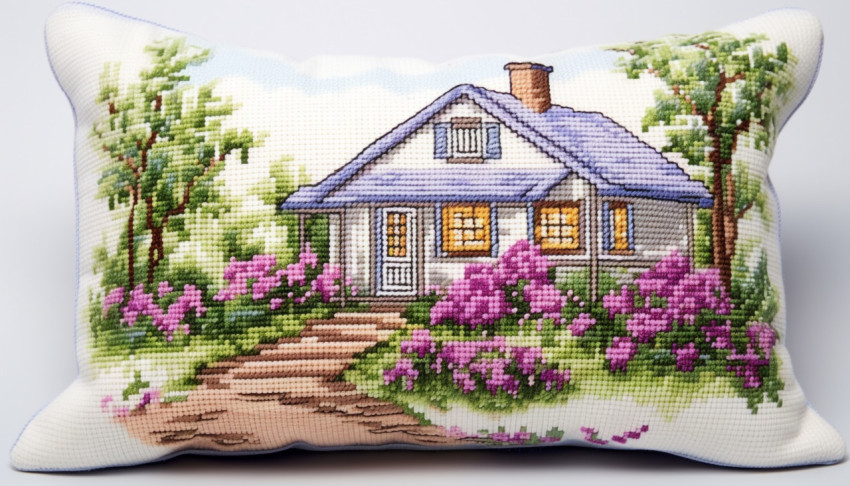 a cross stitch pillow with a countryside house and green flowers