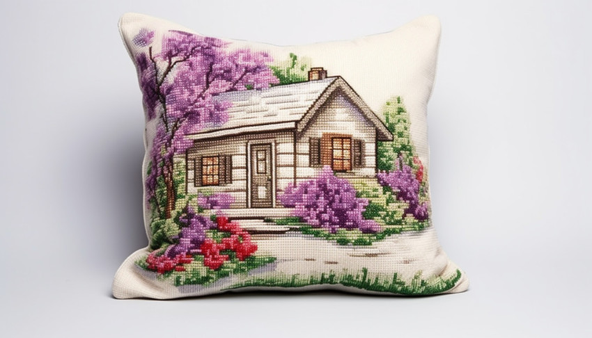Countryside house and green flowers cross stitch pillow