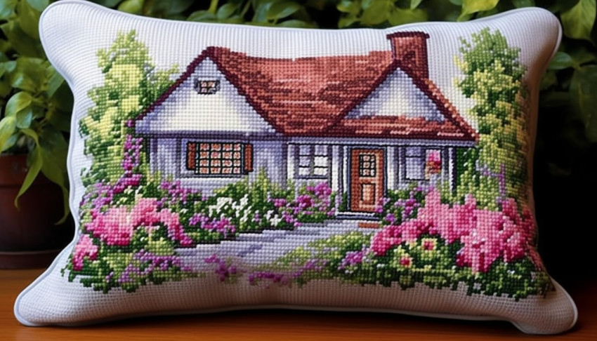 cross stitch cottage pillow