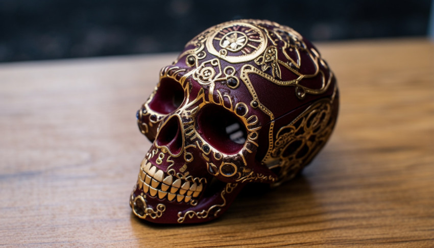 an intricately embossed sugar skull on a light wooden table