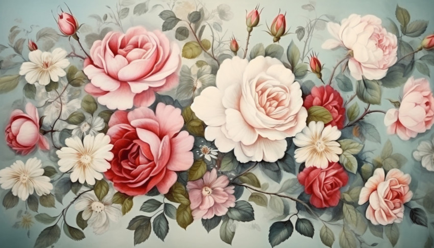 a painting shows a group of roses on antique paper