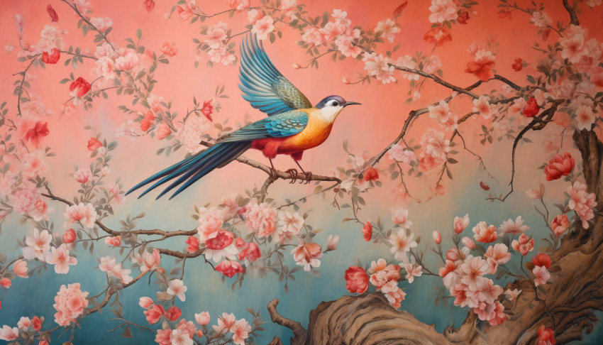 the wallpaper depicts a bird flying across a pink and orange flo