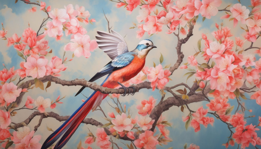 Bird Flying Across Pink and Orange Floral Pattern