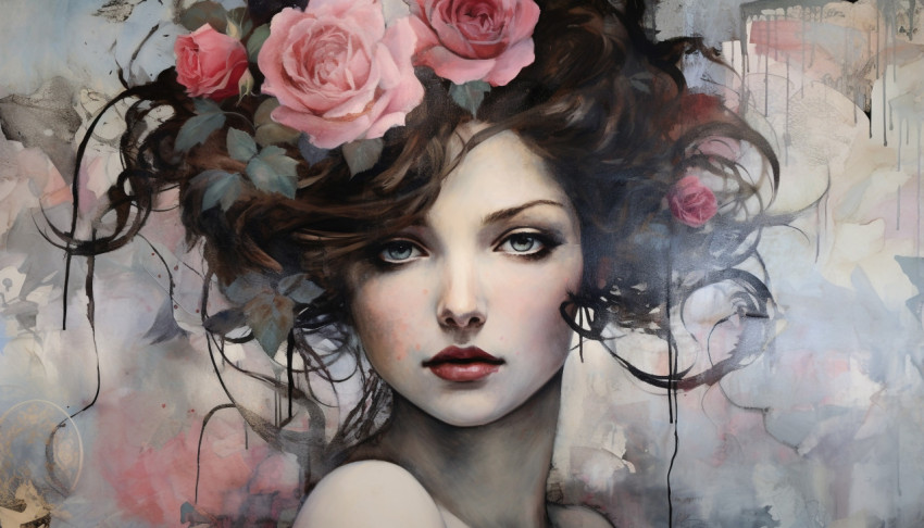 a painting with roses on the face of a woman