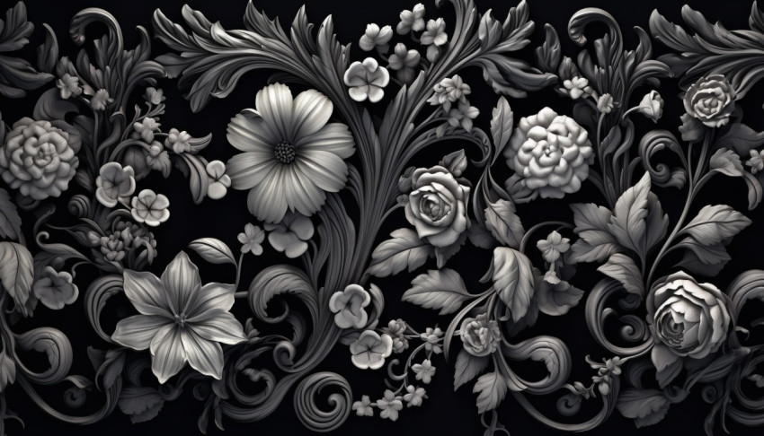 an ornate black background with flowers on it