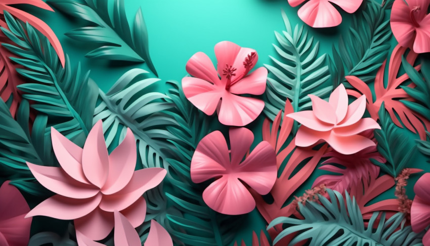 paper cut tropical leaves on a pink surface