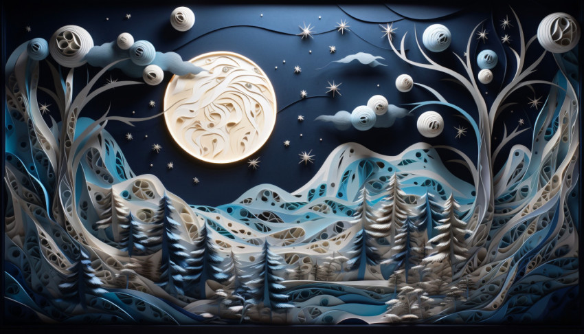 Paper art of trees and mountains at night