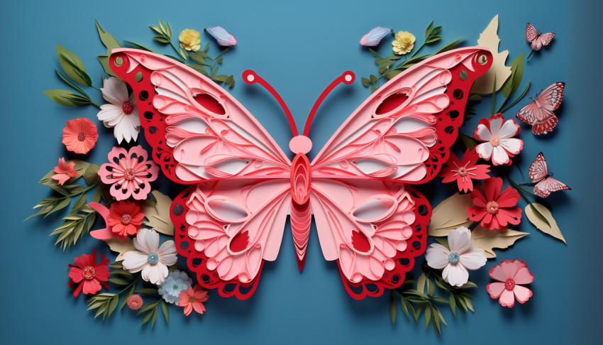 Pink paper butterfly with flower wings