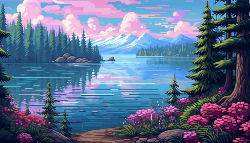 Pixel art style lake landscape with trees and water