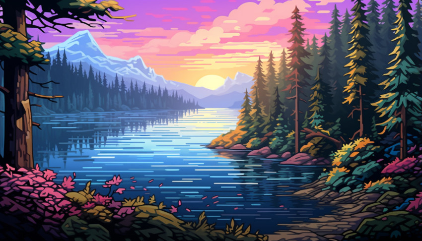 A pixel painting of a lake with trees on the side