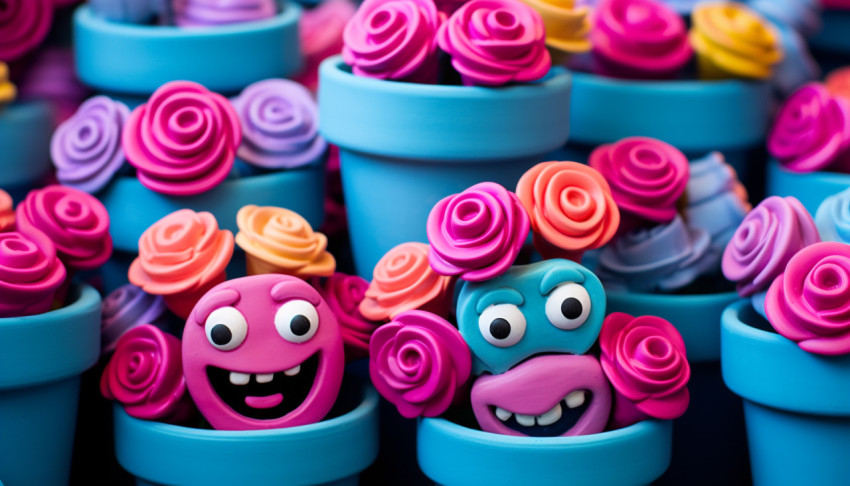 Small colored rubber flower pots with faces on them