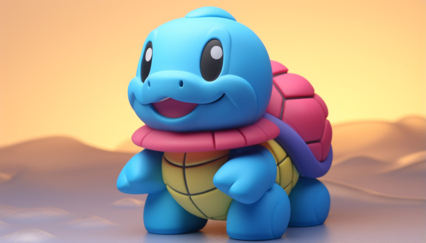 A small blue toy turtle with a rainbow rainbow on its front
