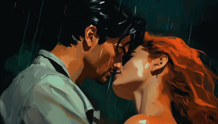 A painting of a man and a woman in the rain
