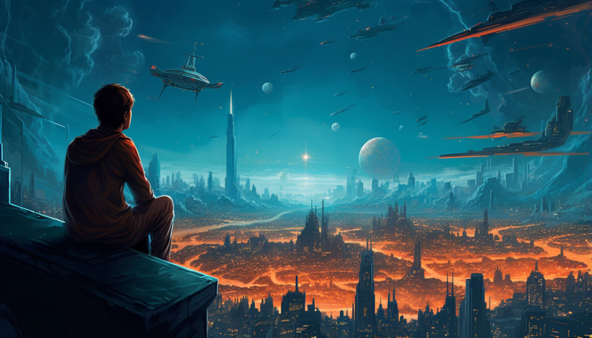 A city in an outer space landscape with spaceships and satellite