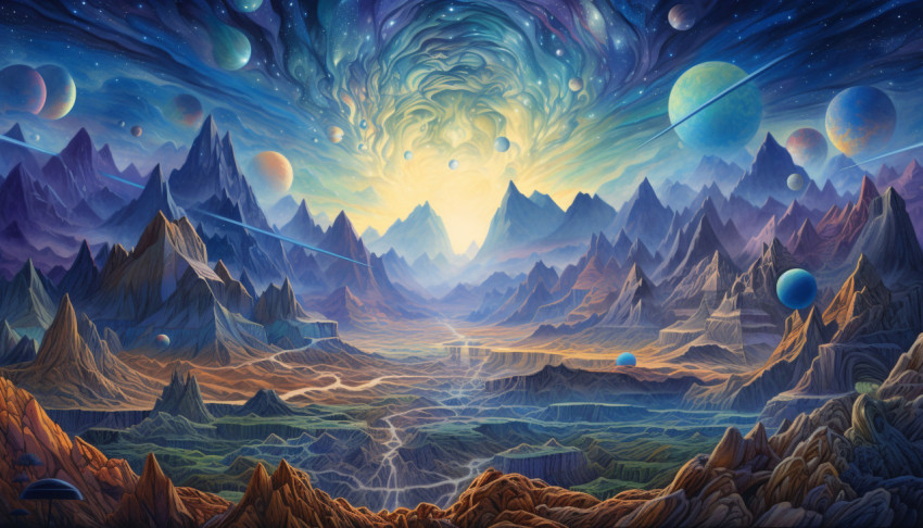 The painting of an astronomical spacetime landscape and colorful