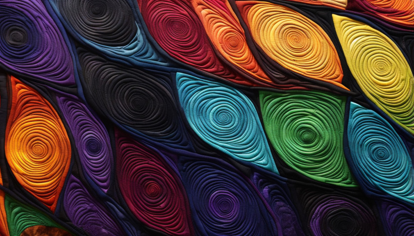 A quilted artwork with colorful swirls
