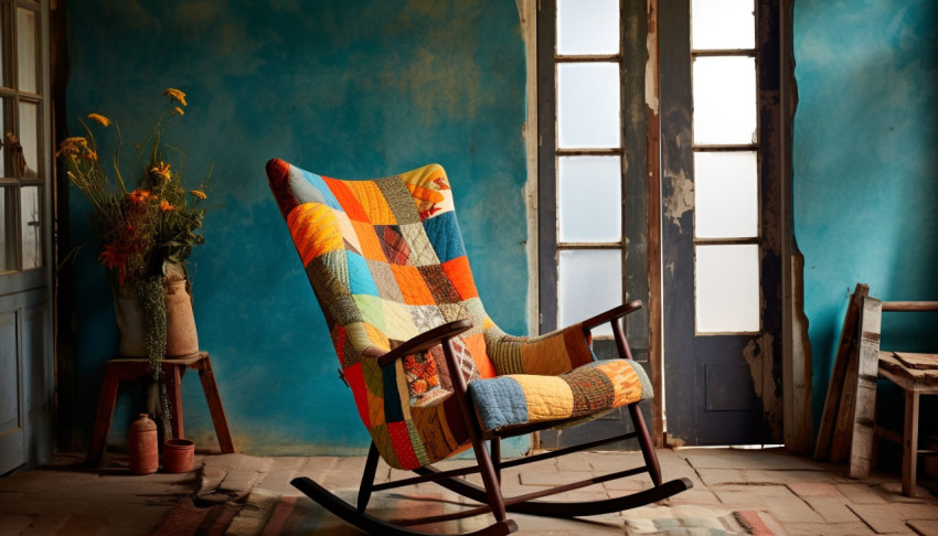 An old rocking chair with a patchwork quilt placed over it