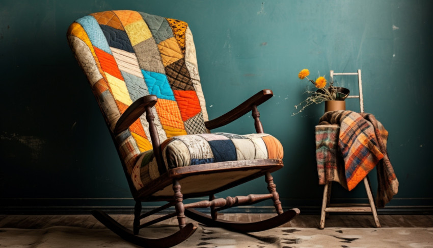 Colorful rocking chair with a hand quilt