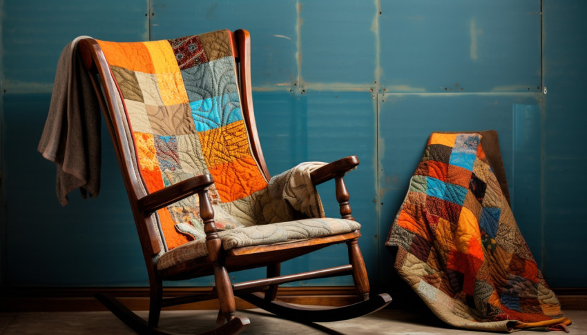Old rocking chair with patchwork quilt
