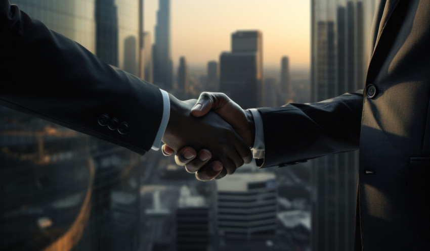 Business partners in suits shaking hands with a building