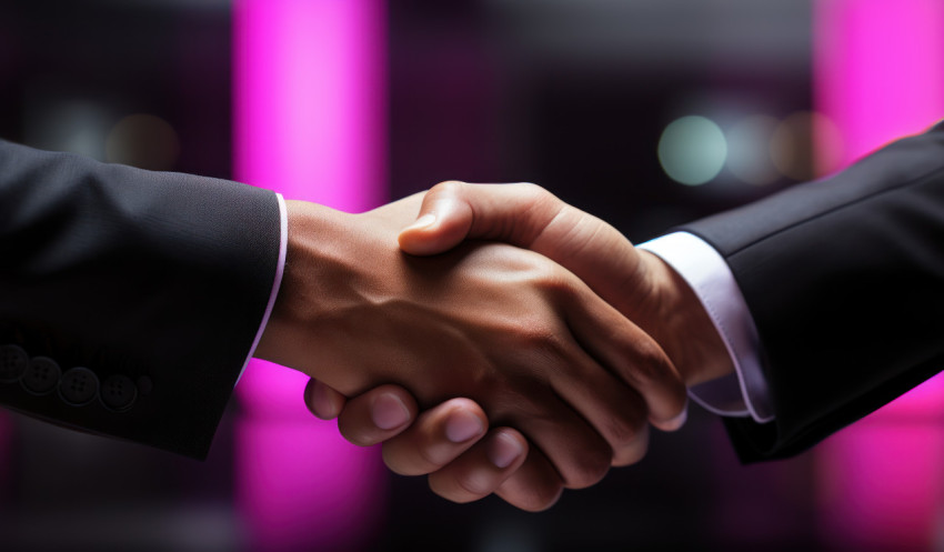 Two businessmen shake hands after a successful meeting