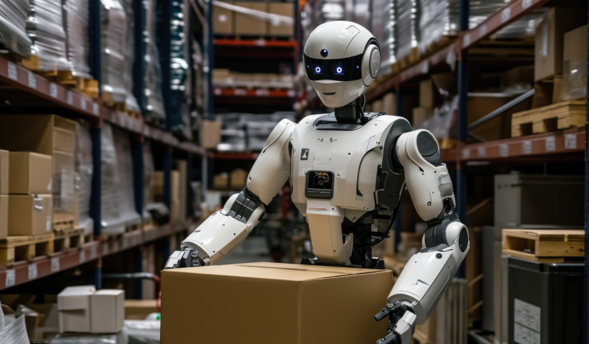 A robot in a warehouse carrying boxes