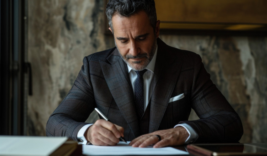 Businessman in suit signing documents completing important paperwork confidently