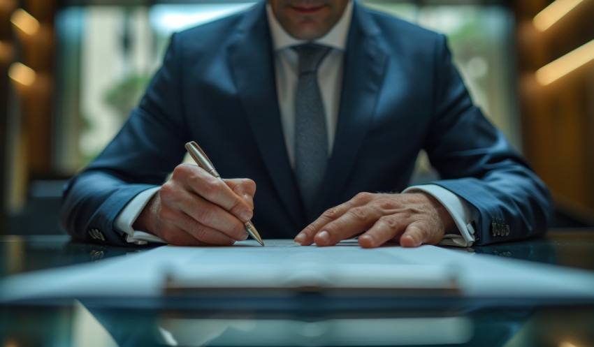 Professional businessman in suit signs document