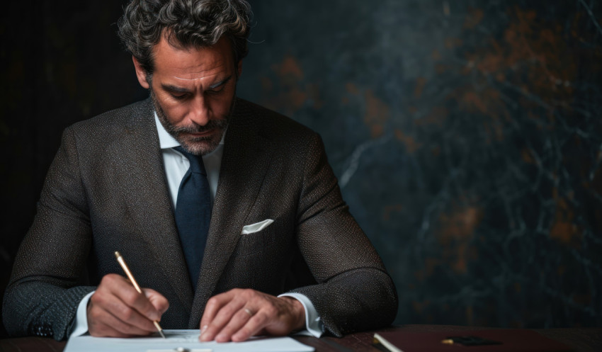 A confident businessman in a suit signing documents