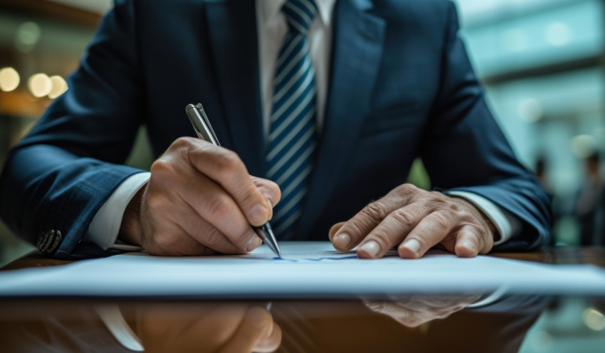 Businessman in suit signing document for official business agreement