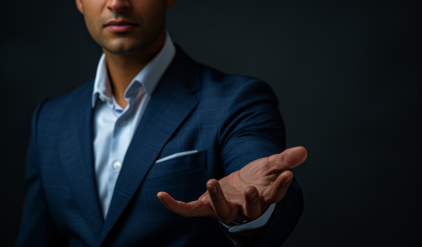 Confident businessman showcases his hand signaling readiness and self assurance in a professional environment