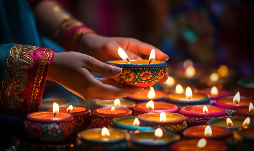 female hands lighting small tea light candles during diwali female hands lighting small tea light candles during diwali