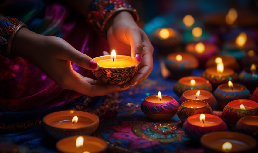 Diwali diyas lit by female hands