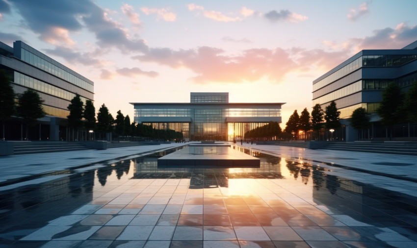 The front courtyard of a business city building glows with the warmth of the sunrise