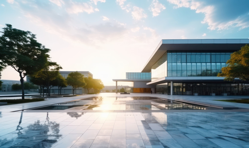 Business city building front courtyard illuminated by the sunrise