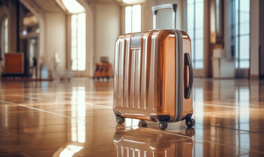 A lone suitcase rests on the airport floor